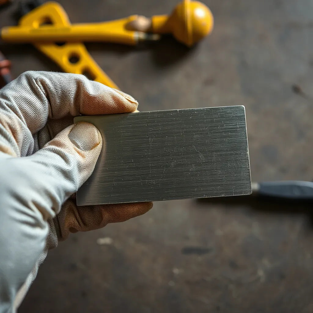Close-up of a metal piece with crisp engraved lines and a gloved hand for durability in engraving tips