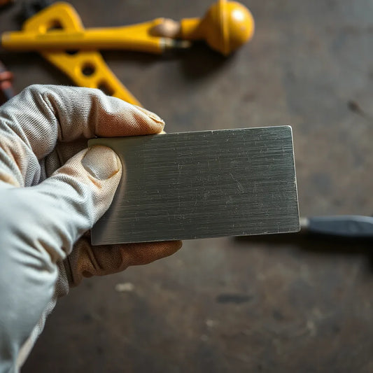 Close-up of a metal piece with crisp engraved lines and a gloved hand for durability in engraving tips