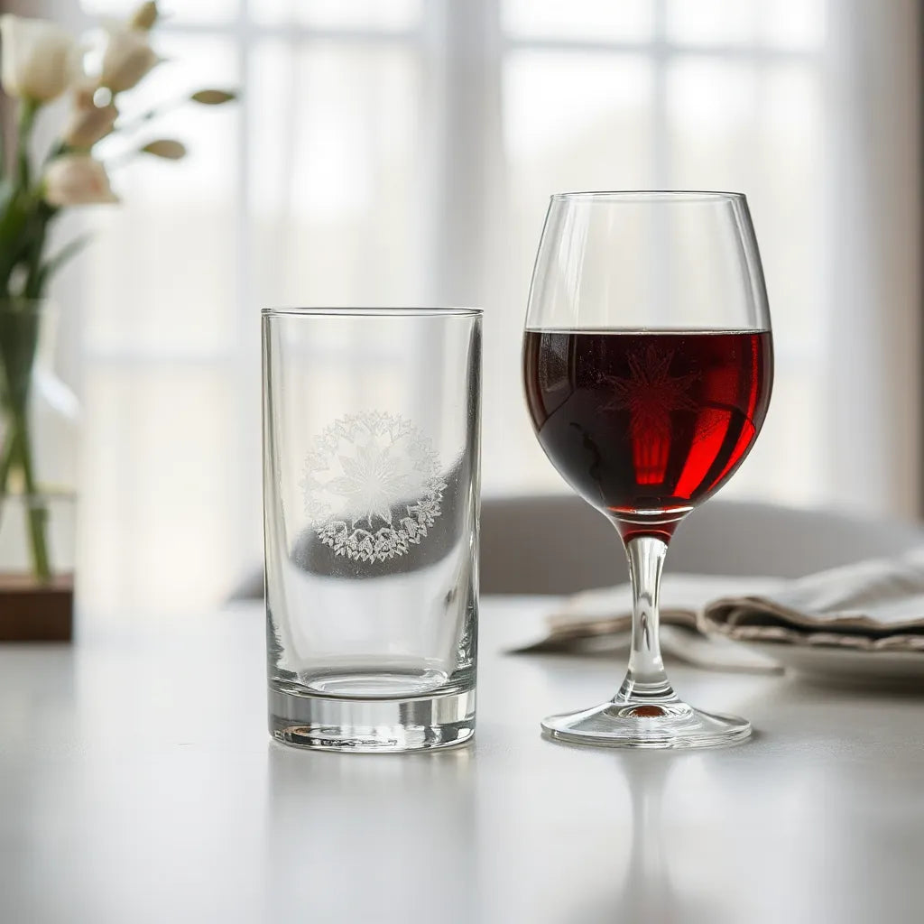 Etched tumbler and wine glass with crisp patterns on a light tabletop