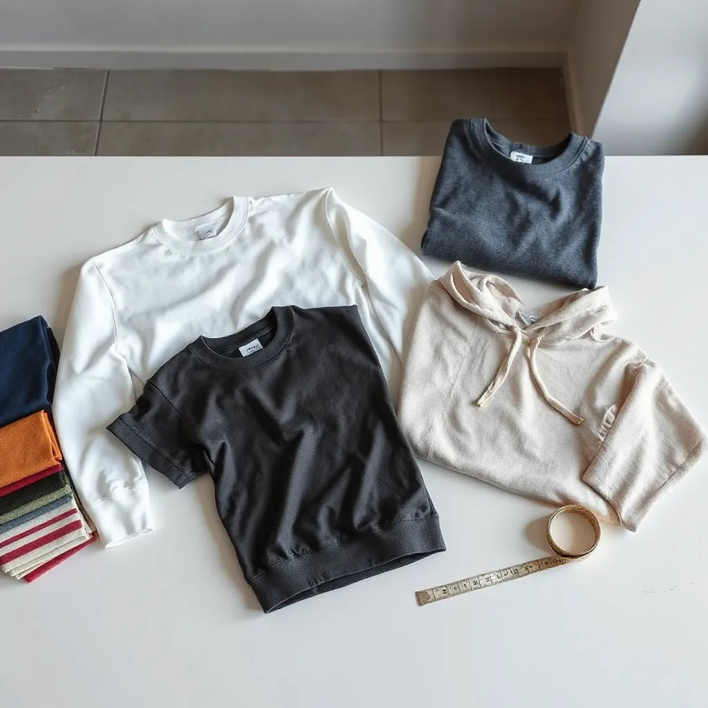 Neatly arranged custom apparel items with fabric swatches and a measuring tape on a clean worktable