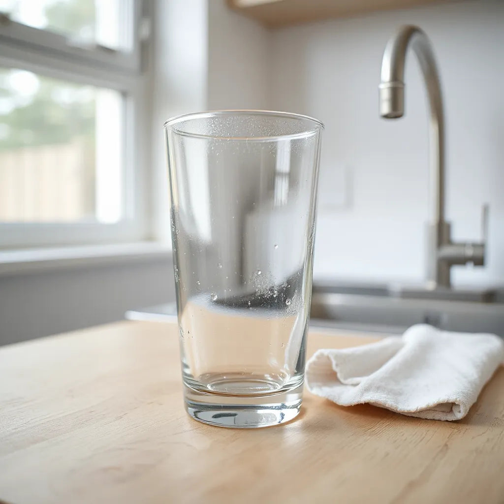Etched pint glass on a light wood surface with a microfiber cloth nearby for gentle cleaning