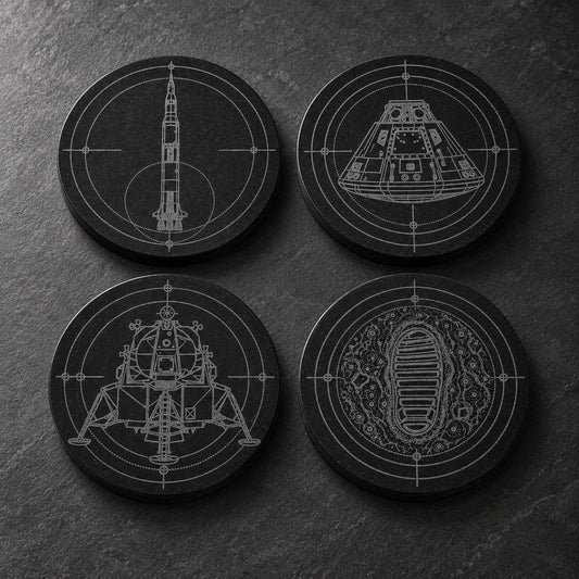 Apollo black marble coaster set with precision-engraved mission designs