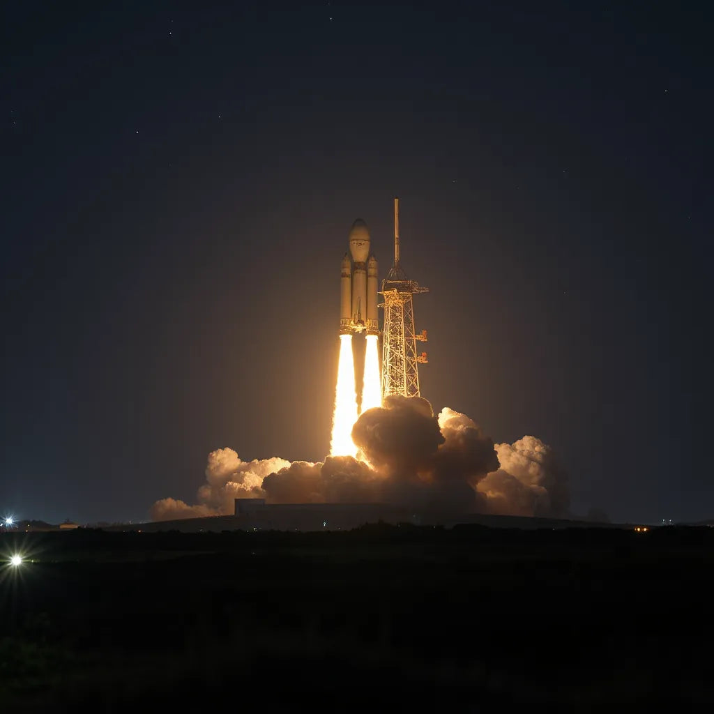 Rocket preparing for launch at night with glowing flames and a visible launch tower