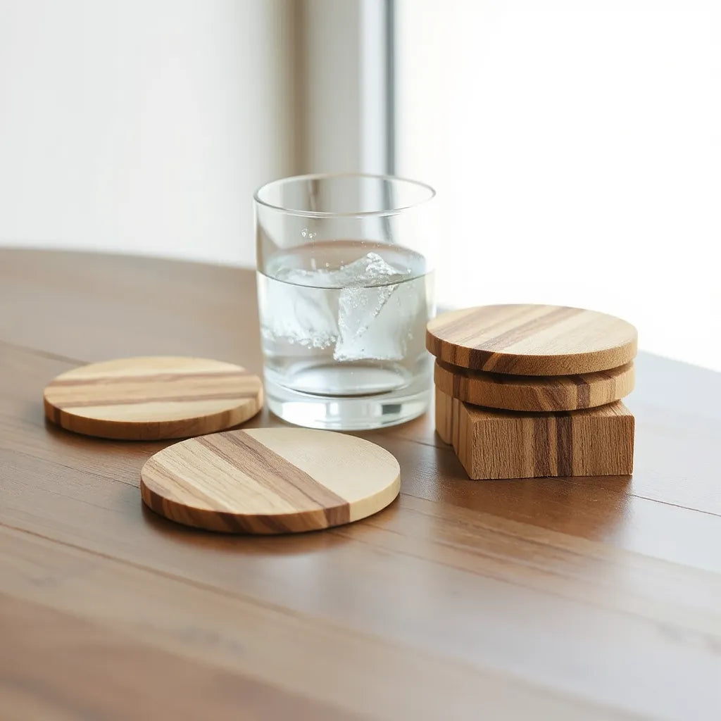 Wood and light-colored laser-cut coasters beside a glass on a clean tabletop