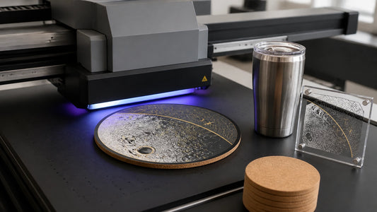 UV flatbed printer decorating a lunar-inspired cork coaster beside a curved stainless steel tumbler