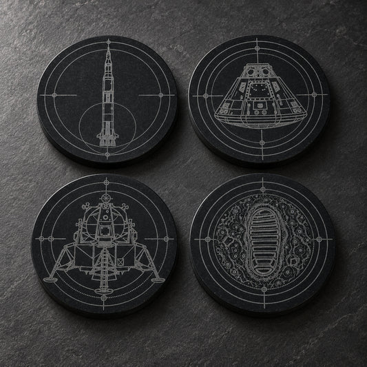 Apollo black marble coaster set with Saturn V, command module, lunar module, and lunar bootprint engravings