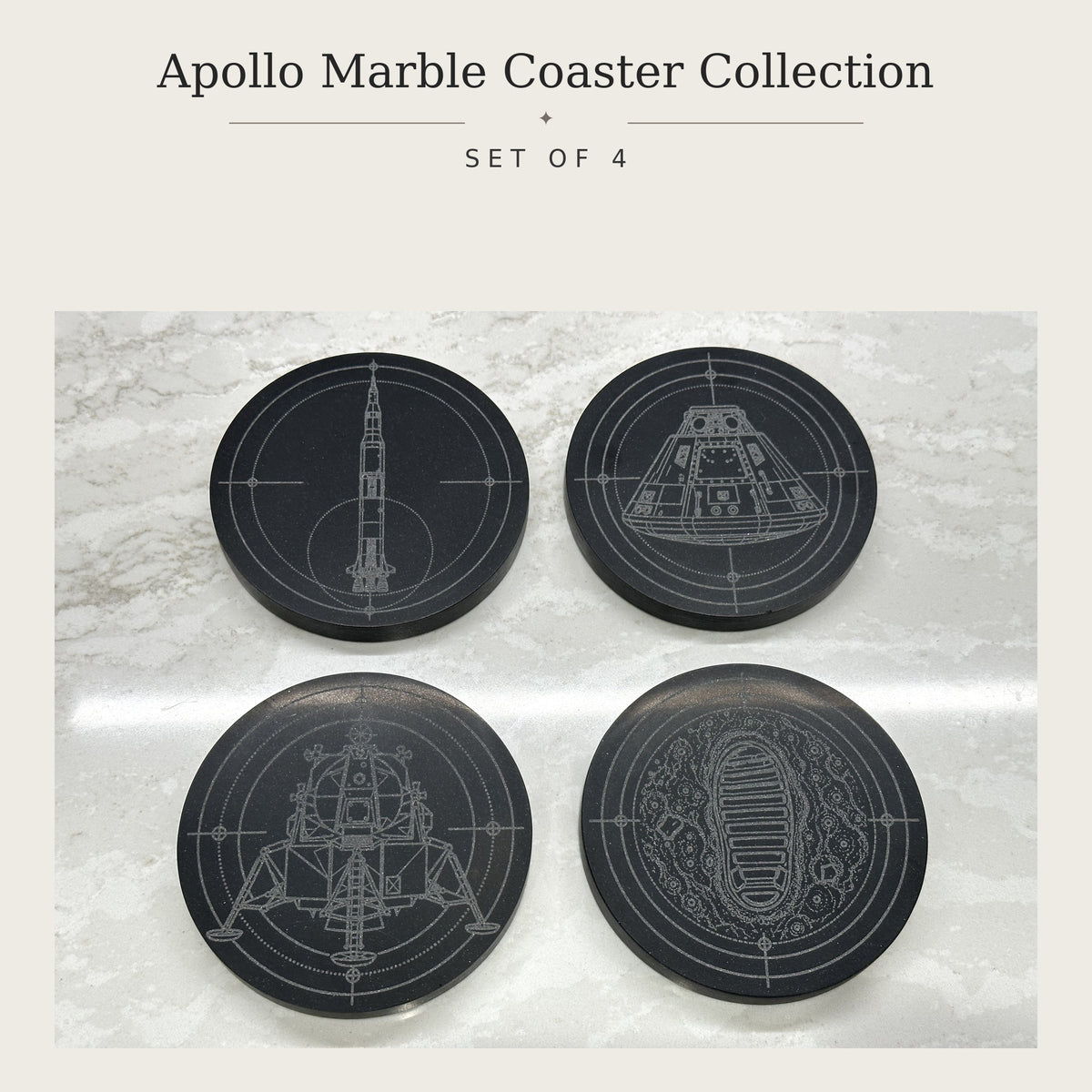 Set of four Apollo black marble coasters precision laser engraved with mission-inspired designs
