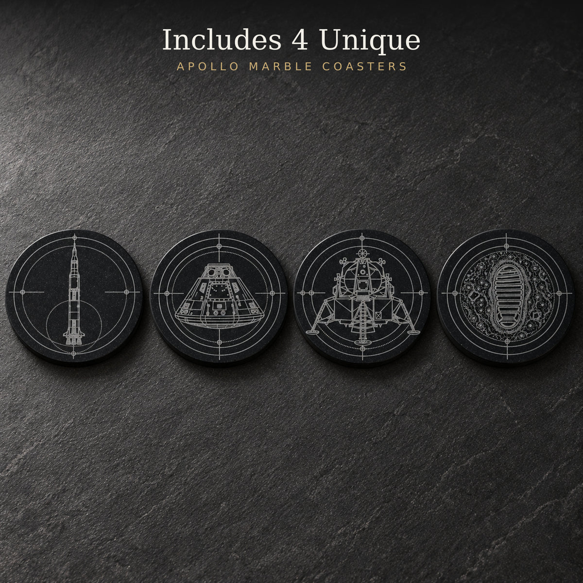 Four unique Apollo designs engraved on premium black marble coasters