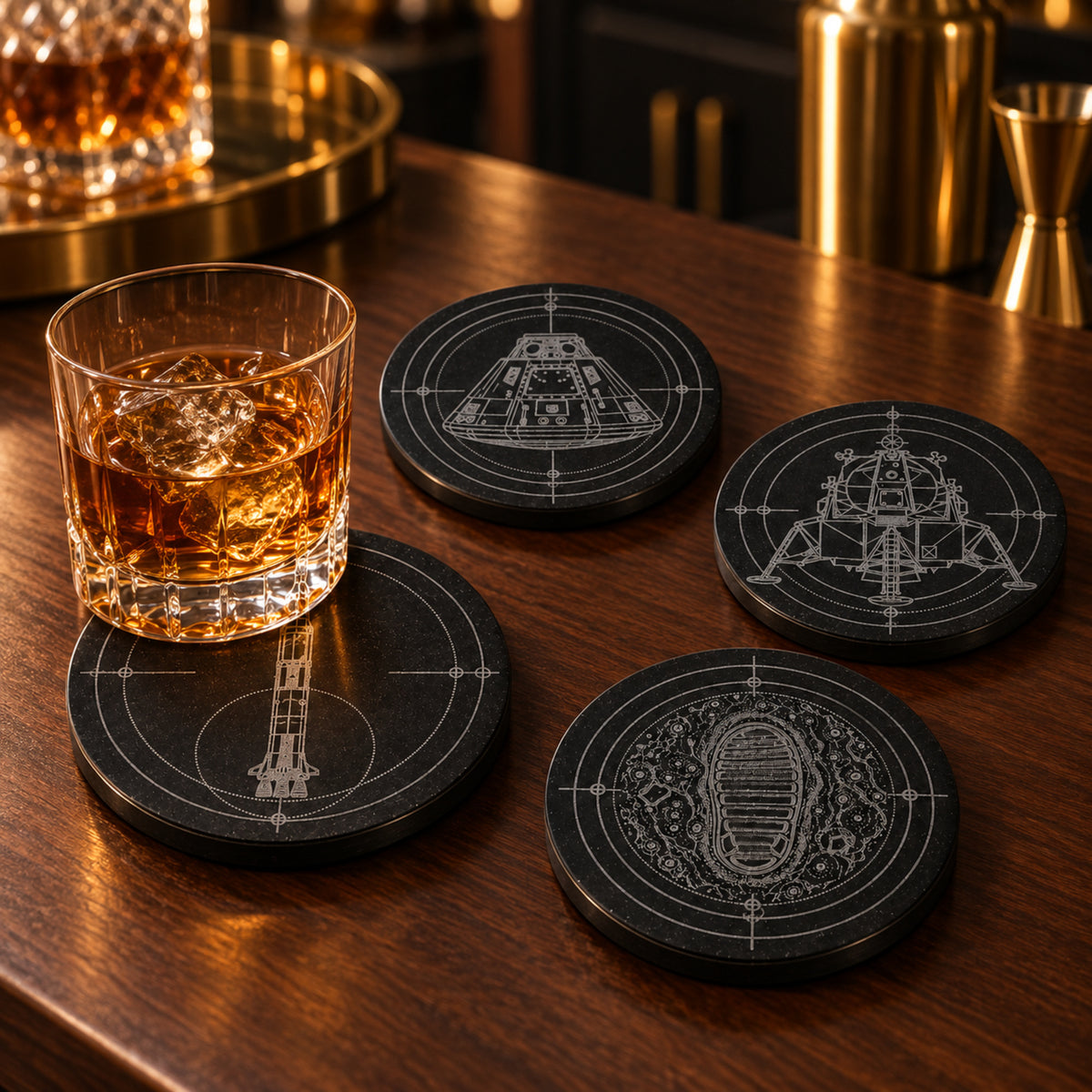 Apollo black marble engraved coasters displayed in a premium home bar setting