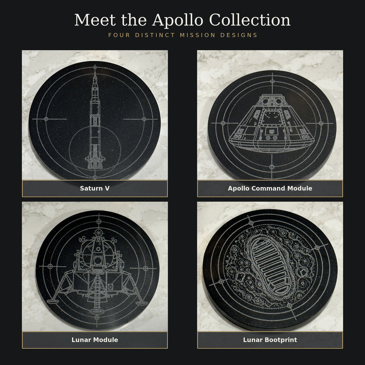 Design guide for the Apollo black marble coaster set showing the four engraved Apollo designs