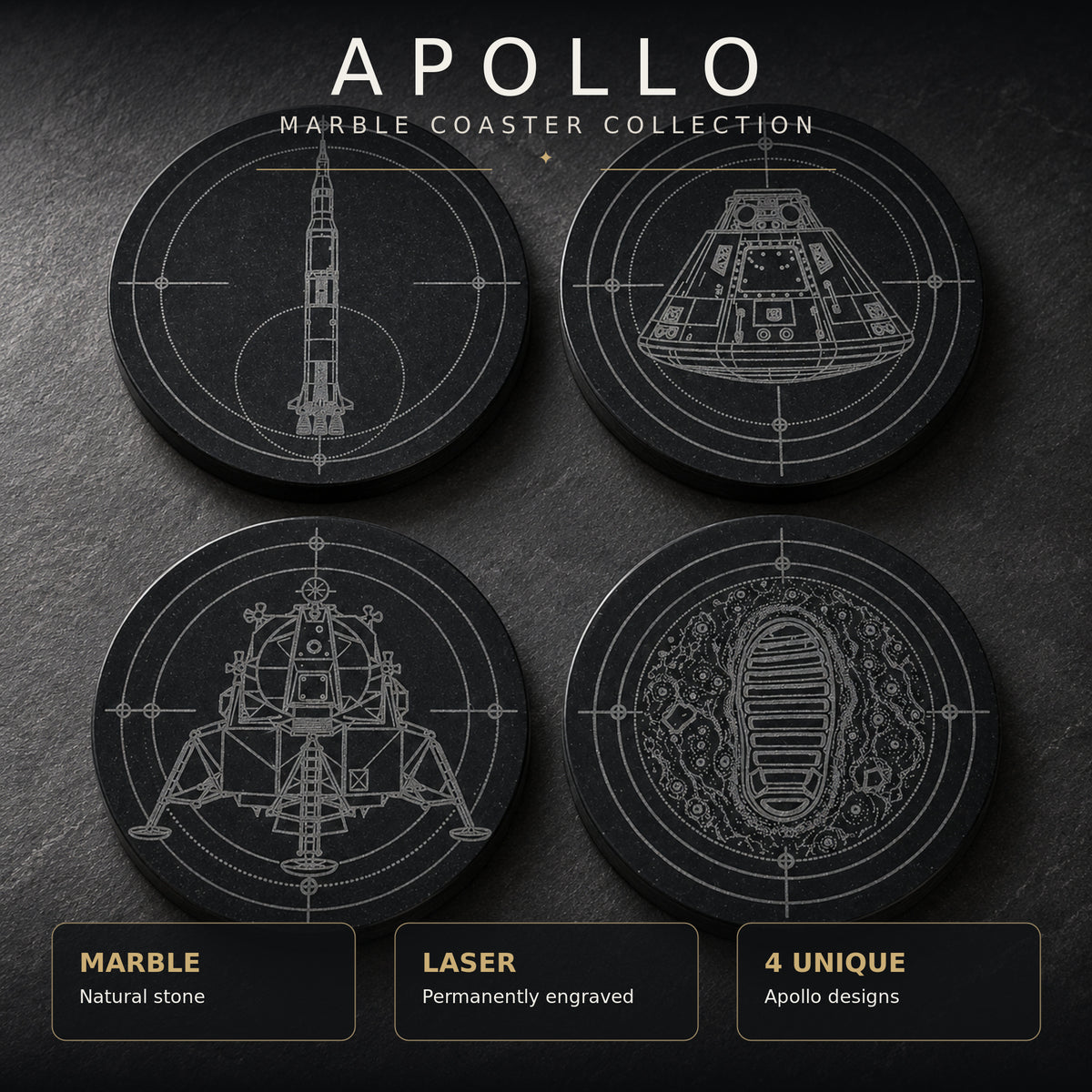 Feature summary for the Apollo black marble engraved coaster set
