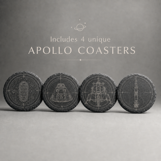 Apollo slate coaster set of four with lunar bootprint, command module, lunar module, and Saturn V engravings
