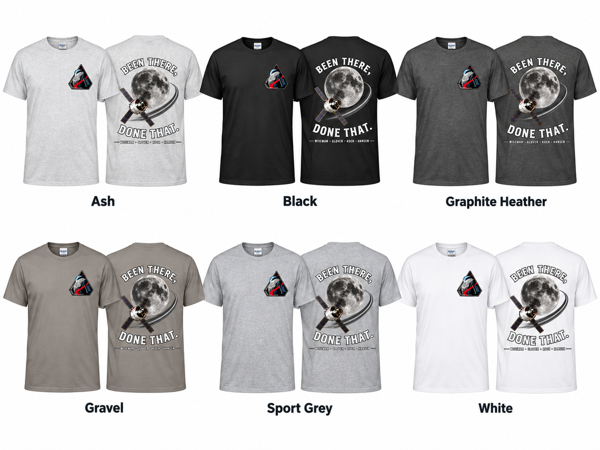 Artemis II Been There, Done That T-shirt color options in Ash, Black, Graphite Heather, Gravel, Sport Grey, and White, shown front and back