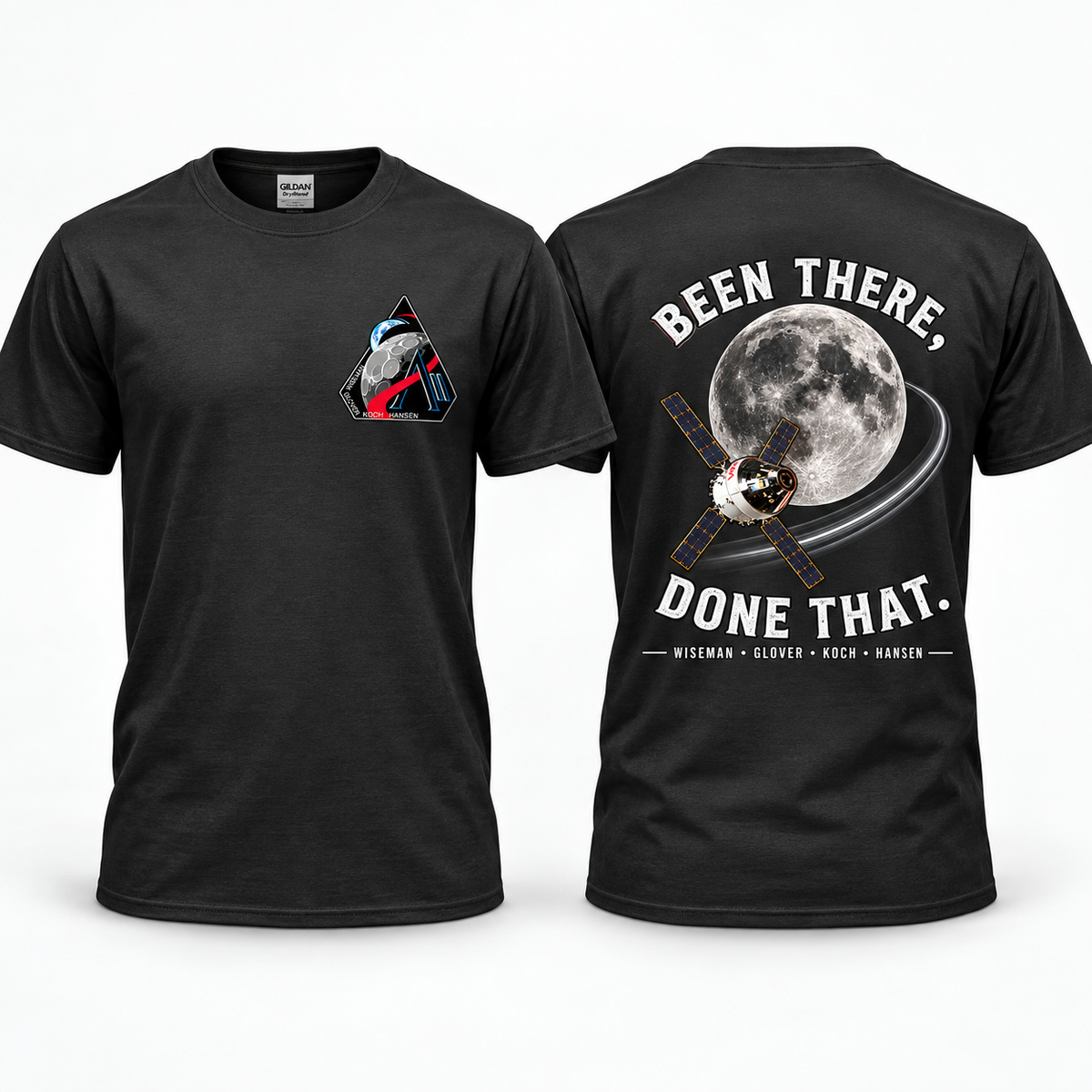 Artemis II Been There, Done That T-shirt shown front and back in black