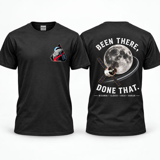 Artemis II Been There, Done That T-shirt shown front and back in black