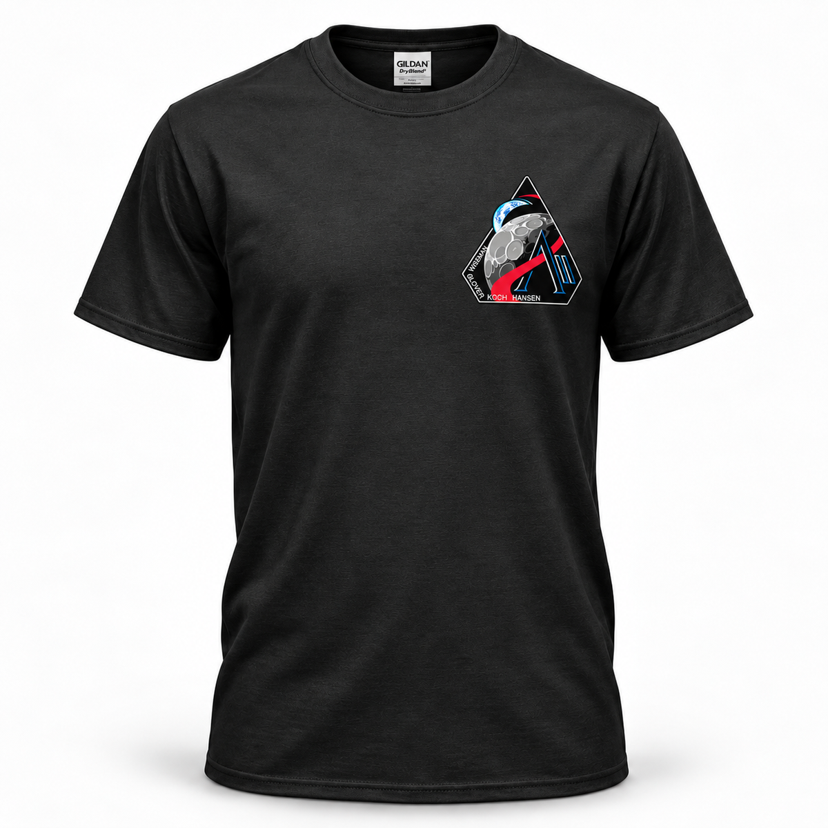 Front view of black Artemis II Been There, Done That T-shirt with mission patch chest print