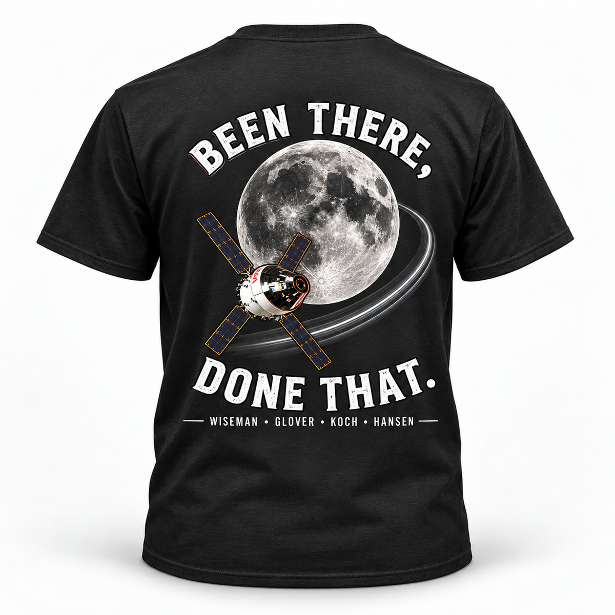 Back view of black Artemis II Been There, Done That T-shirt with moon and spacecraft artwork