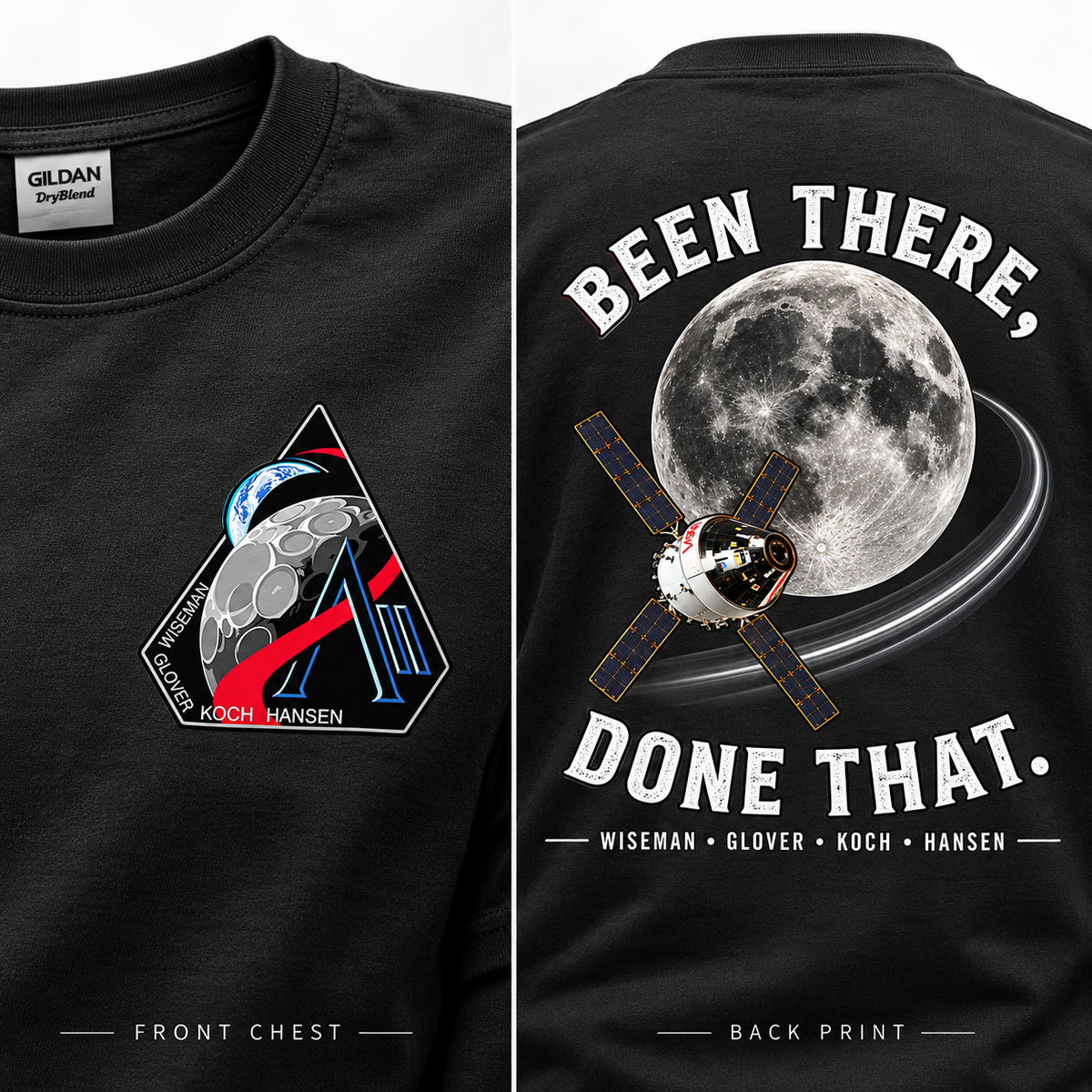 Artemis II T-shirt front chest patch and back print detail