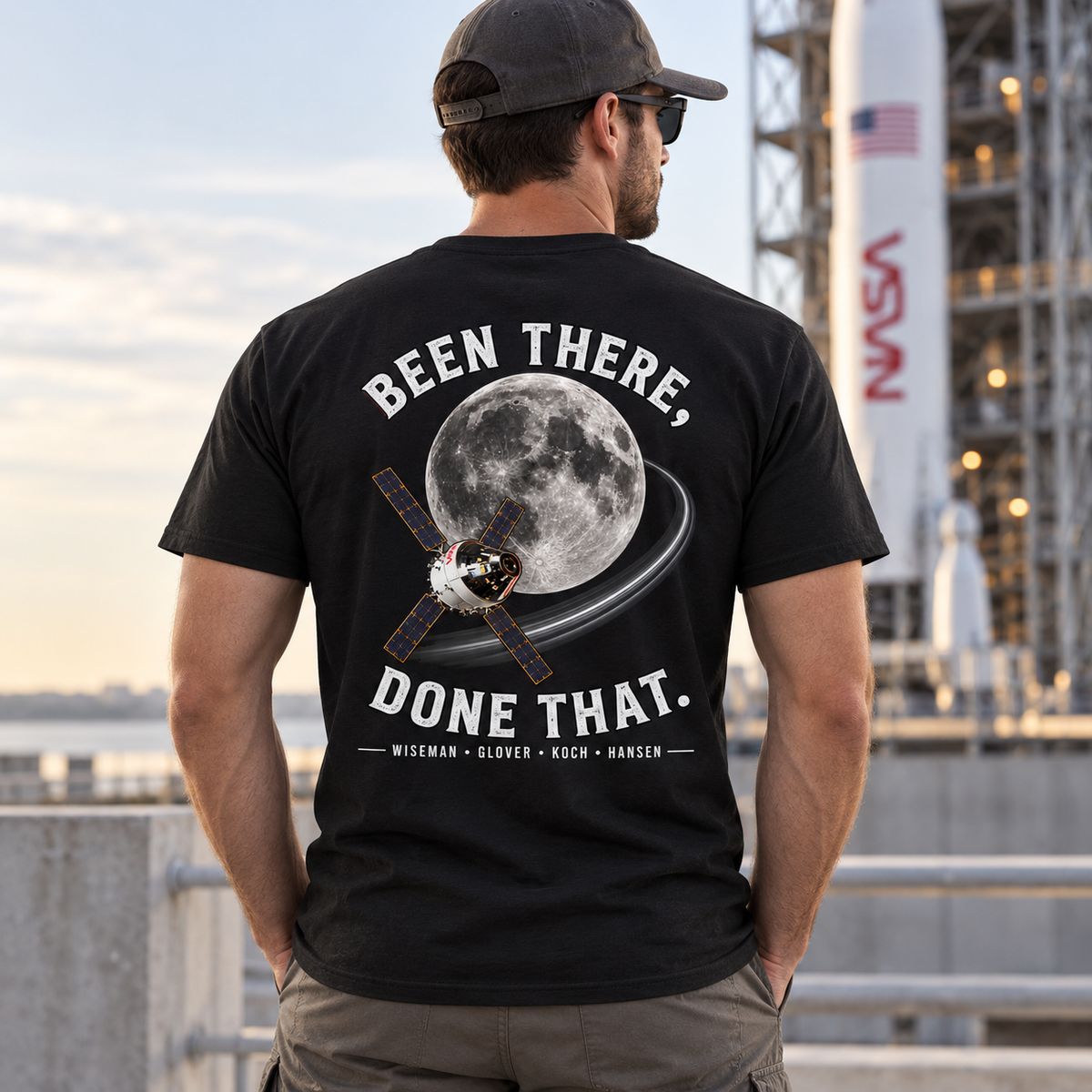 Artemis II Been There, Done That T-shirt worn in a spaceflight-inspired outdoor setting