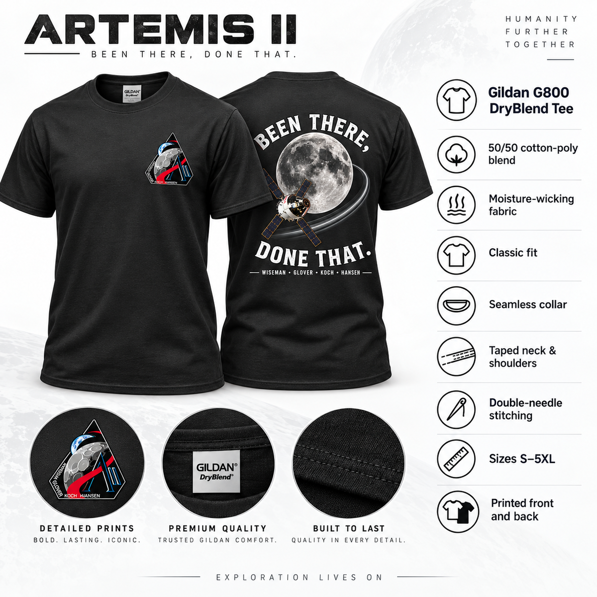 Artemis II T-shirt feature guide showing Gildan G800 DryBlend construction and front and back printing