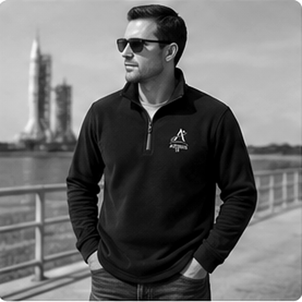 Concept lifestyle image of the Artemis II microfleece pullover worn outdoors