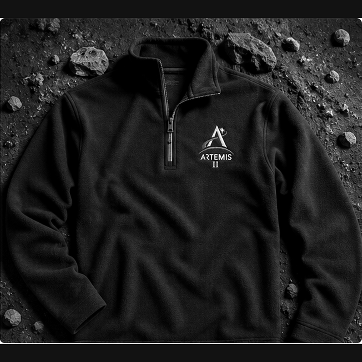 Concept image of Artemis II microfleece pullover on a lunar-inspired surface