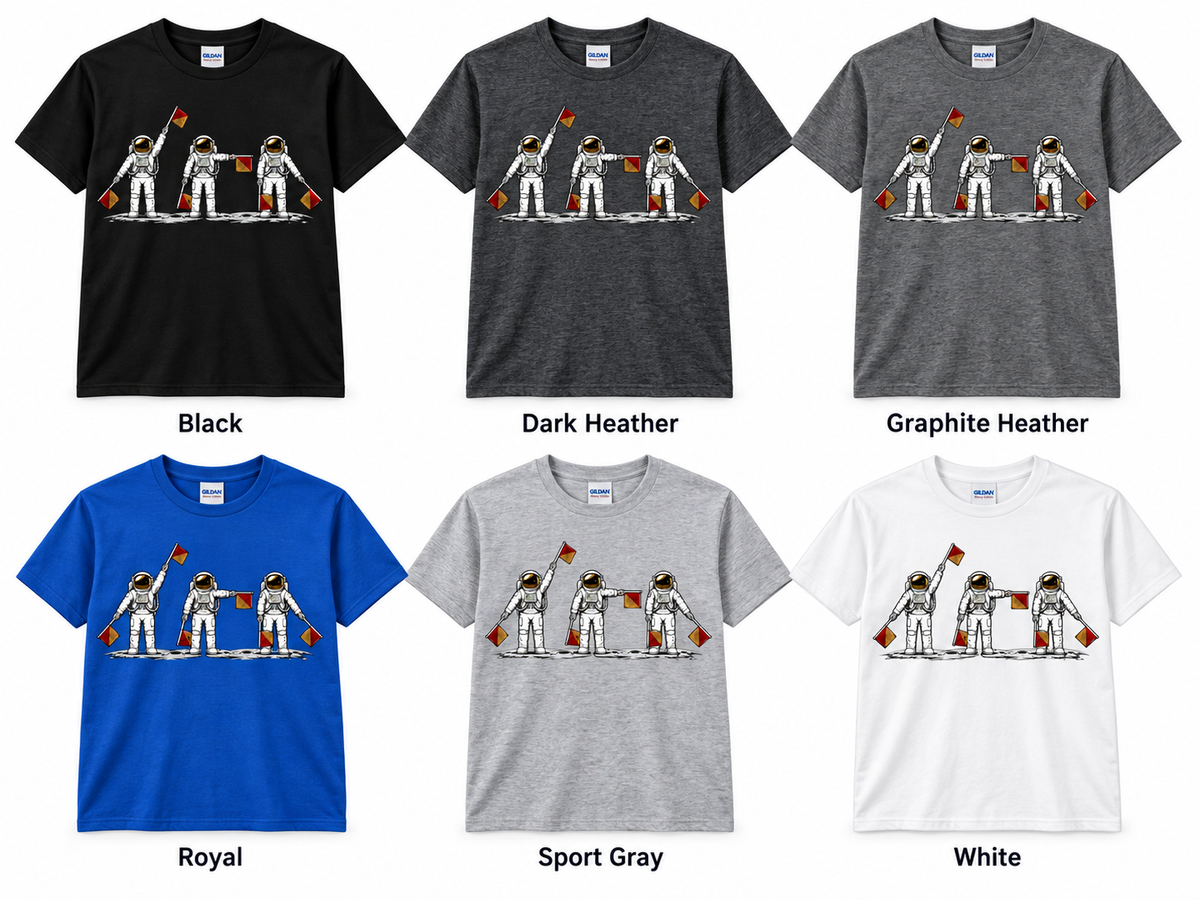Mission Control, the Moon Is Calling T-shirt color options: Black, Dark Heather, Graphite Heather, Royal, Sport Grey, and White