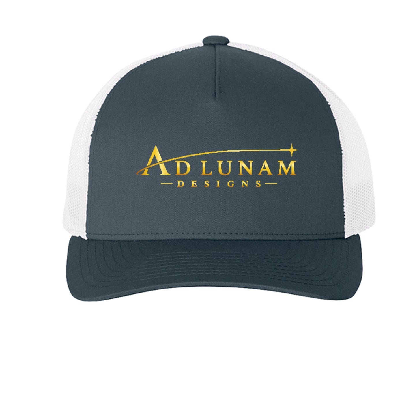 Ad Lunam Designs trucker cap in navy and white, front view