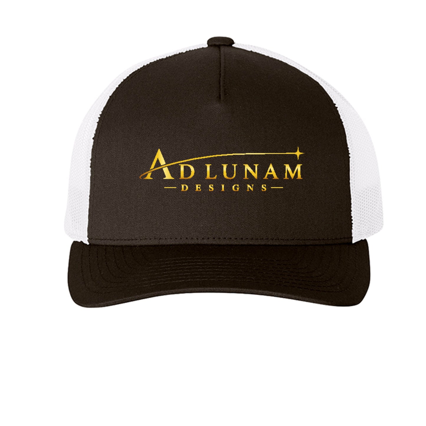 Ad Lunam Designs trucker cap in black and white, front view