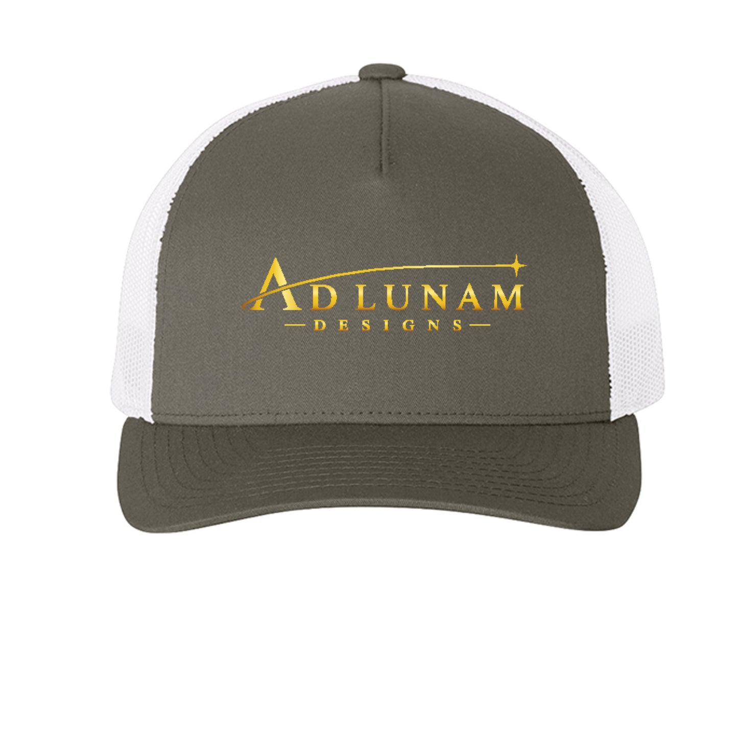 Ad Lunam Designs trucker cap in charcoal and white, front view