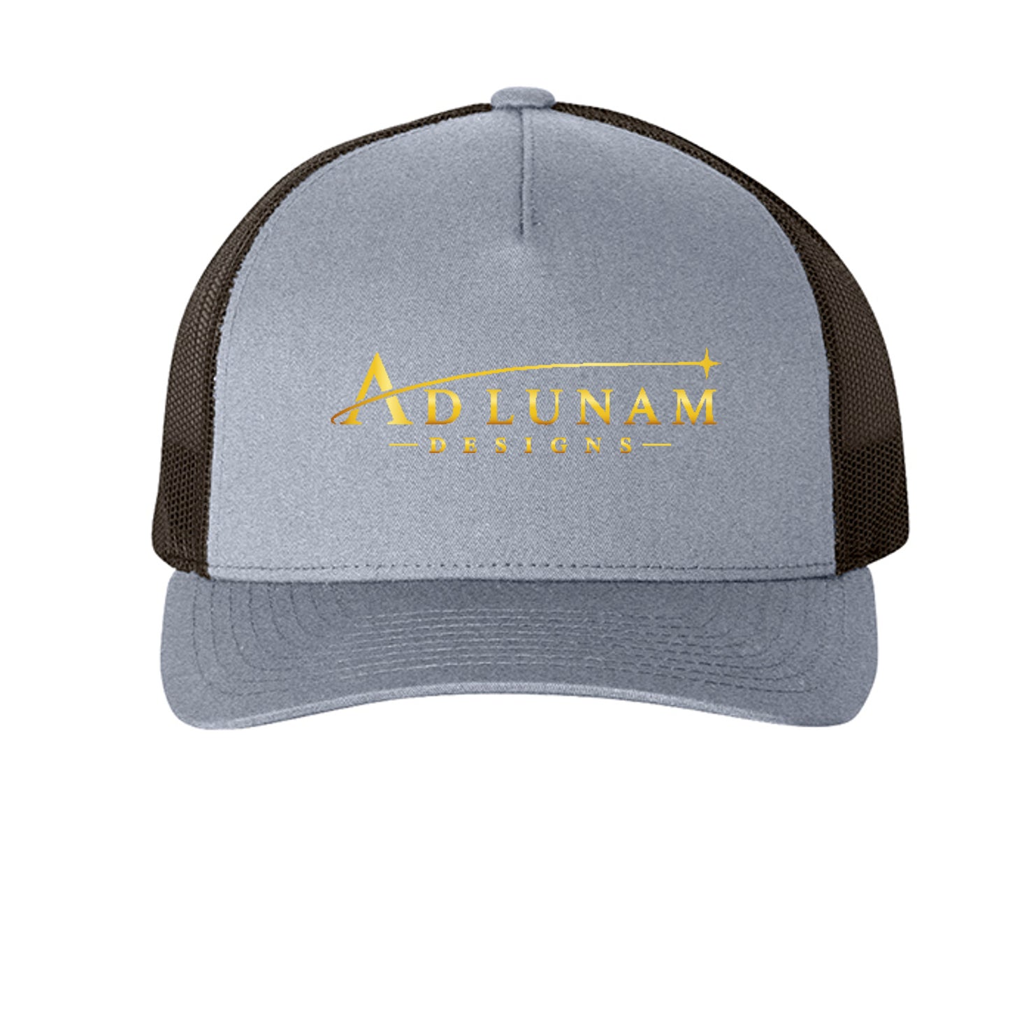 Ad Lunam Designs trucker cap in heather and black, front view