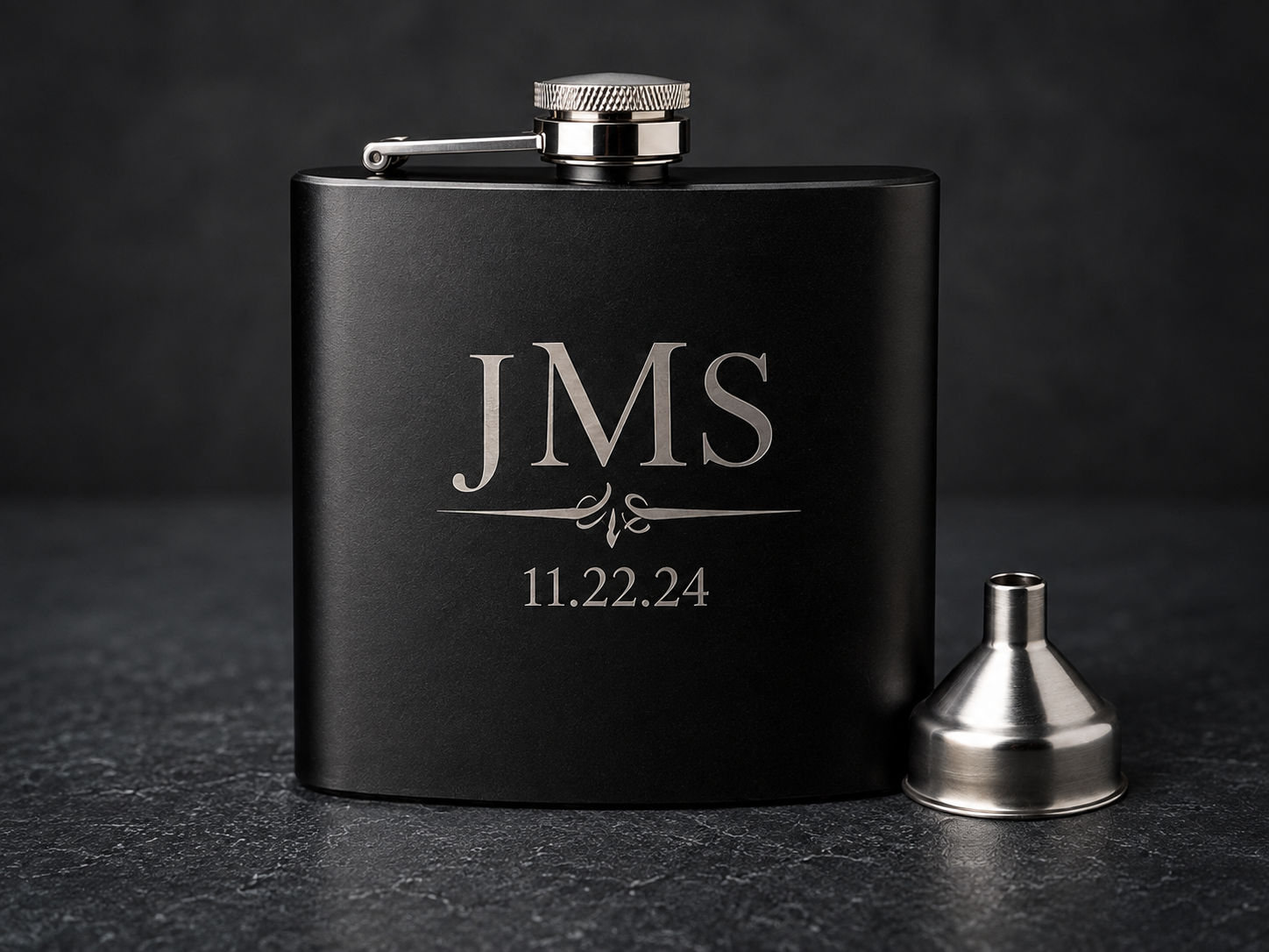 Personalized black flask example with engraved monogram and date