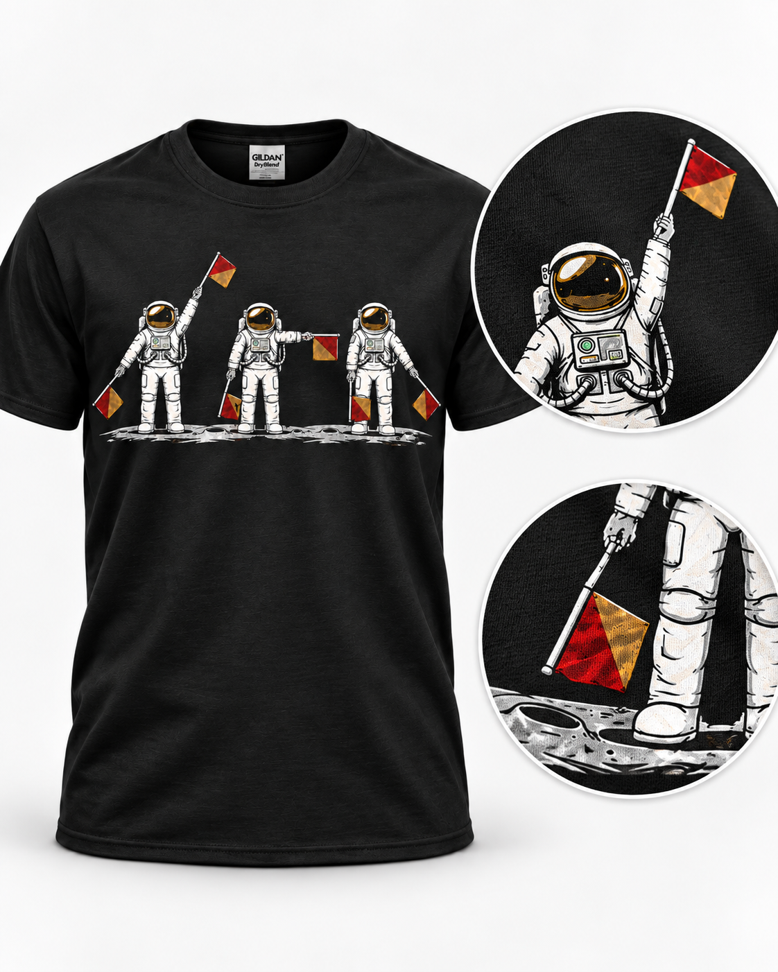 Close-up print detail of Semaphore LFG astronaut T-shirt artwork