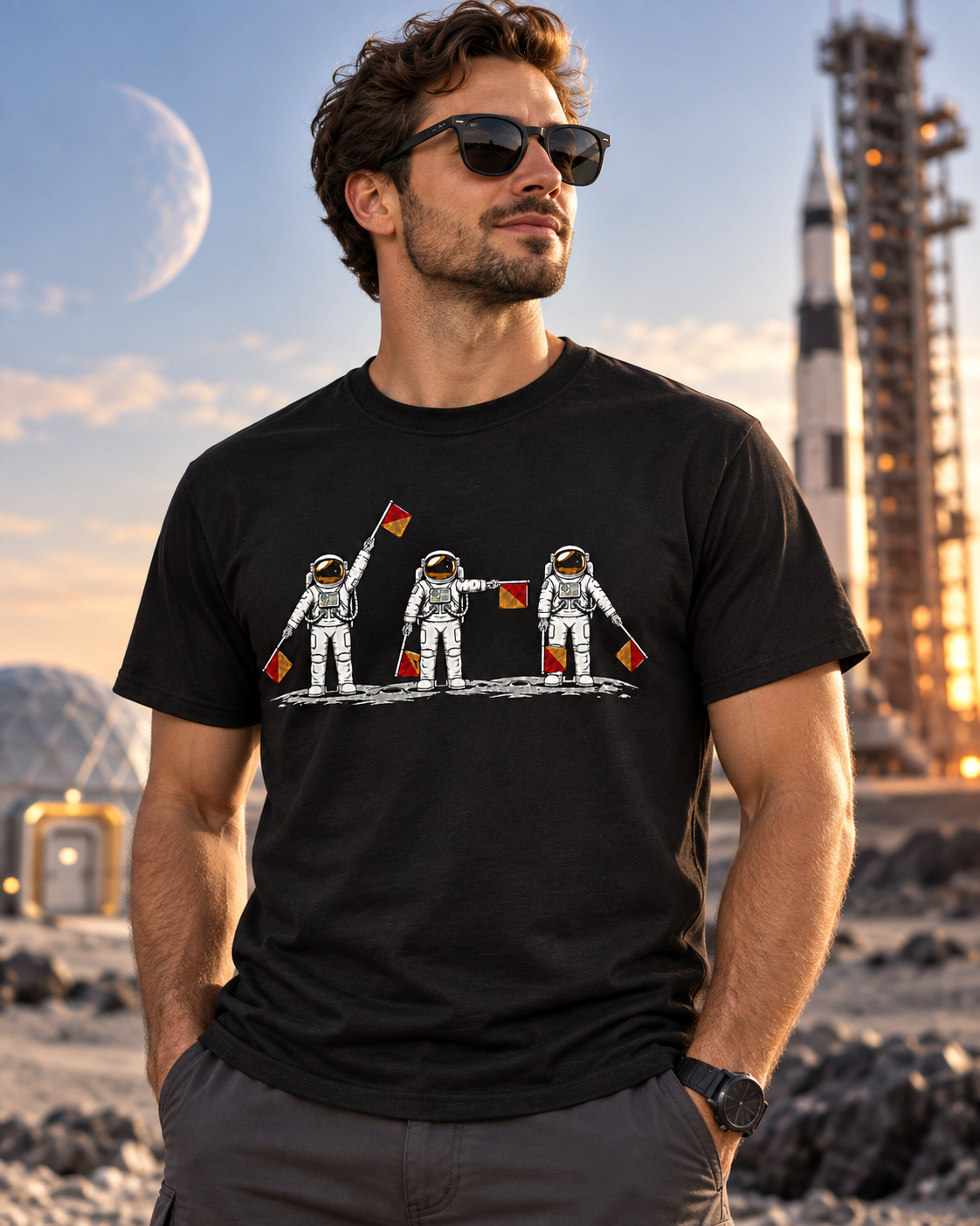 Lifestyle view of Semaphore LFG astronaut T-shirt