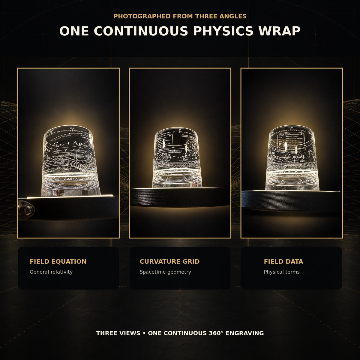Three-angle view of the wraparound Einstein Field Equation engraving on Vector crystal rocks glasses