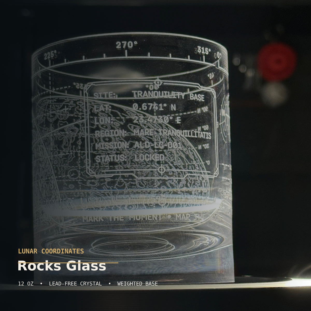 Vector Lunar Coordinates rocks glass product details showing 12 ounce lead-free crystal and weighted base