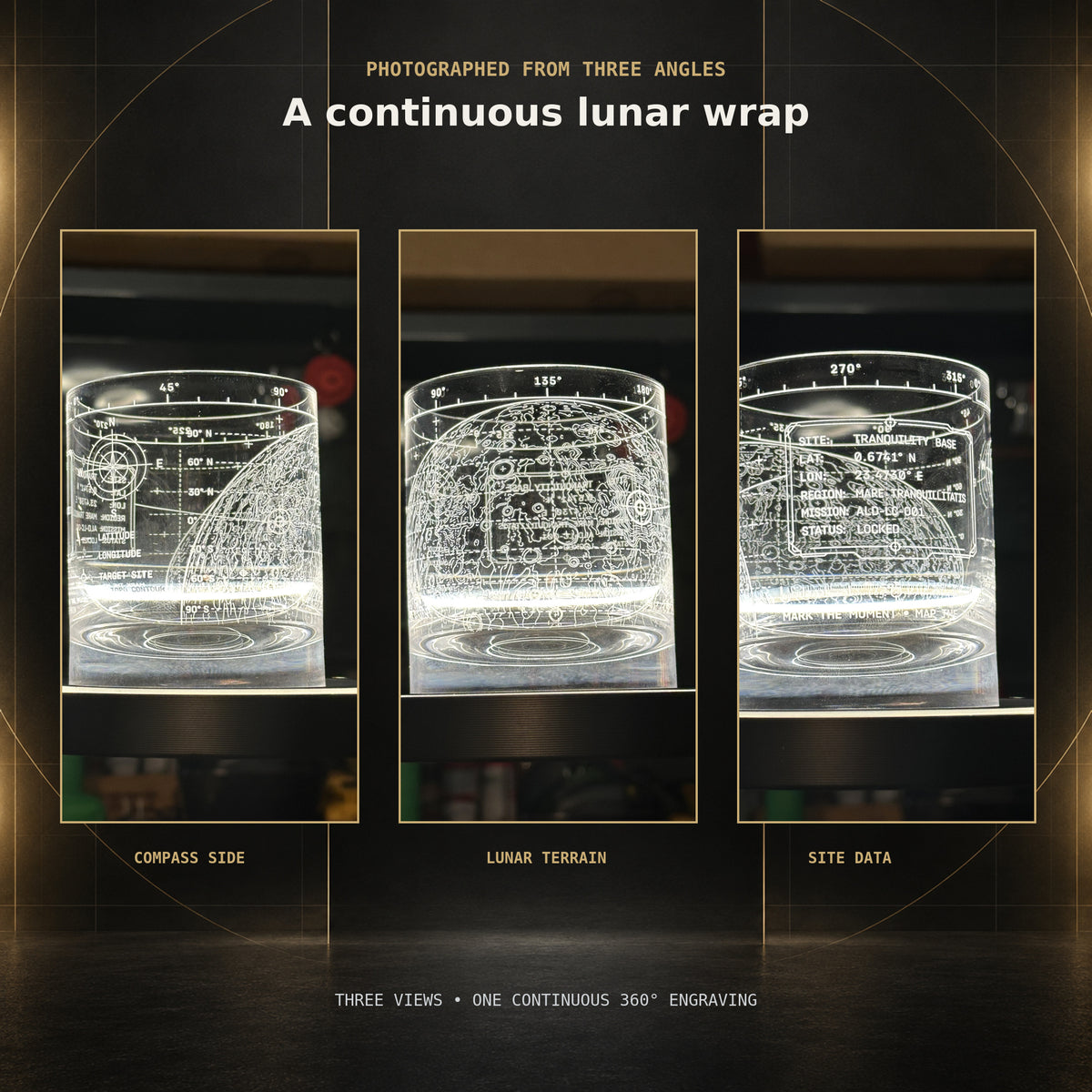 Three-angle view of the wraparound Lunar Coordinates engraving on the Vector crystal rocks glass
