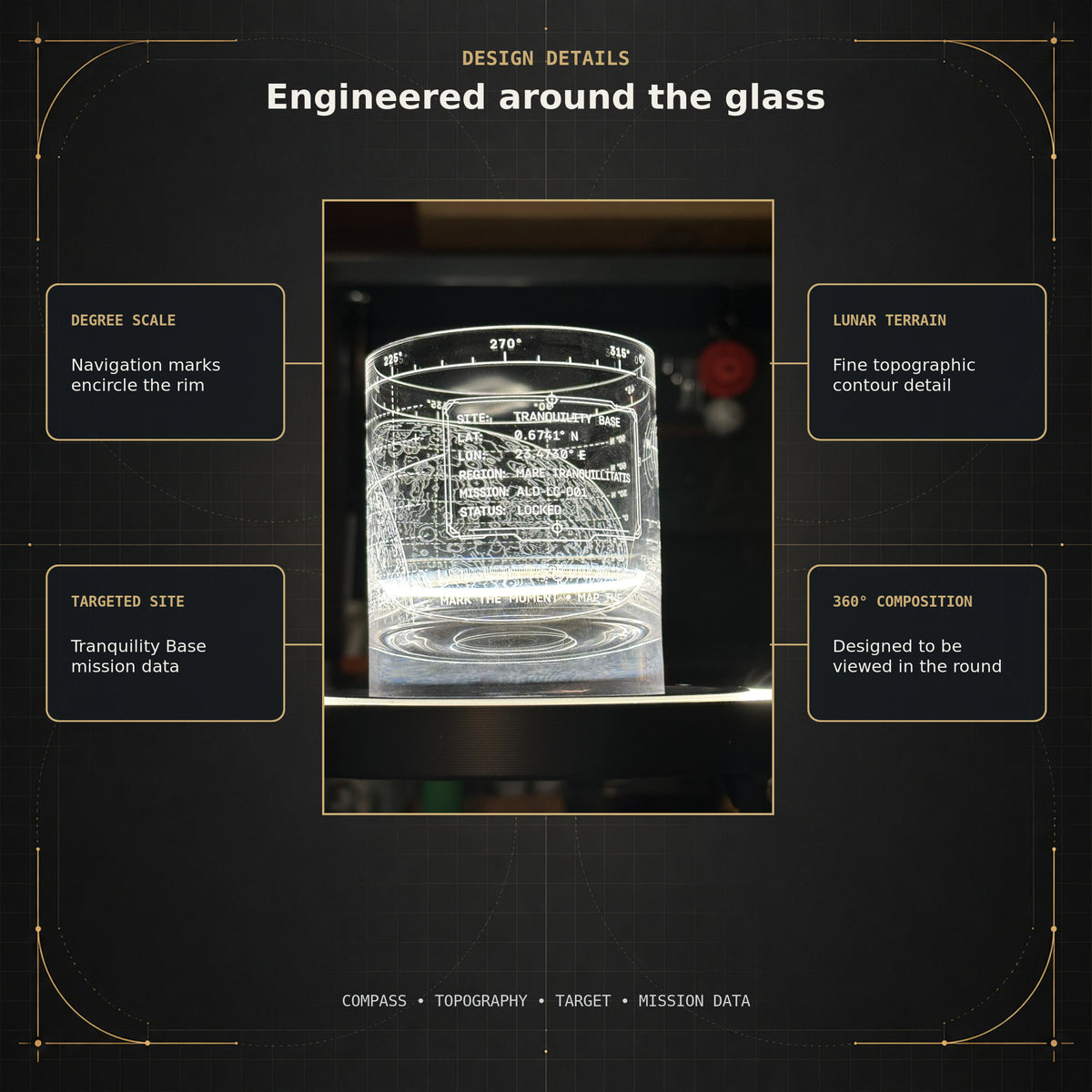 Design guide highlighting engraved lunar coordinate details on the Vector crystal rocks glass